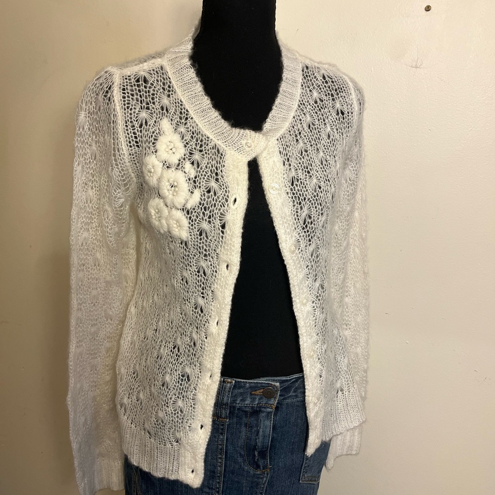 Worthington White Openwork Floral Appliqué Cardigan